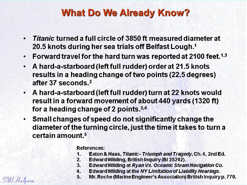 What Do We Already Know? Titanic turned a full circle of 3850 ft measured